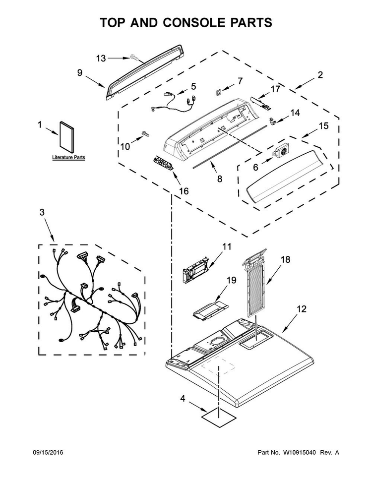 Top And Console Parts Diagram and Parts List for 7MWGD7000EW1  Whirlpool Dryer