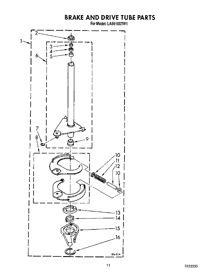 BRAKE AND DRIVE TUBE Diagram and Parts List for LA5610XTW1  Whirlpool Washer
