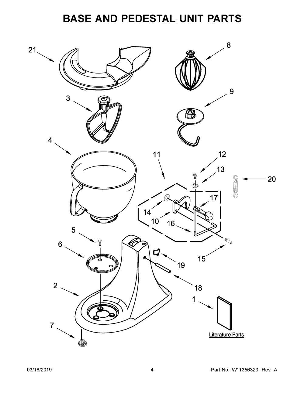 Base And Pedestal Unit Parts Diagram and Parts List for 5KSM180HASD0  Whirlpool Mixer