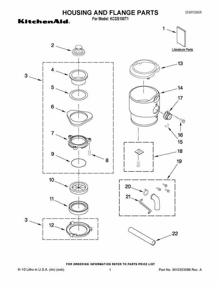 HOUSING AND FLANGE PARTS Diagram and Parts List for KCDS100T1  KitchenAid Food Waste Disposer