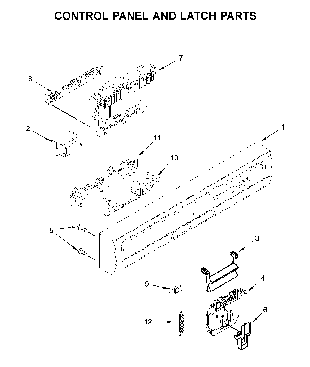 Control panel and latch parts Diagram and Parts List for WDP370PAHW1  Whirlpool Dishwasher
