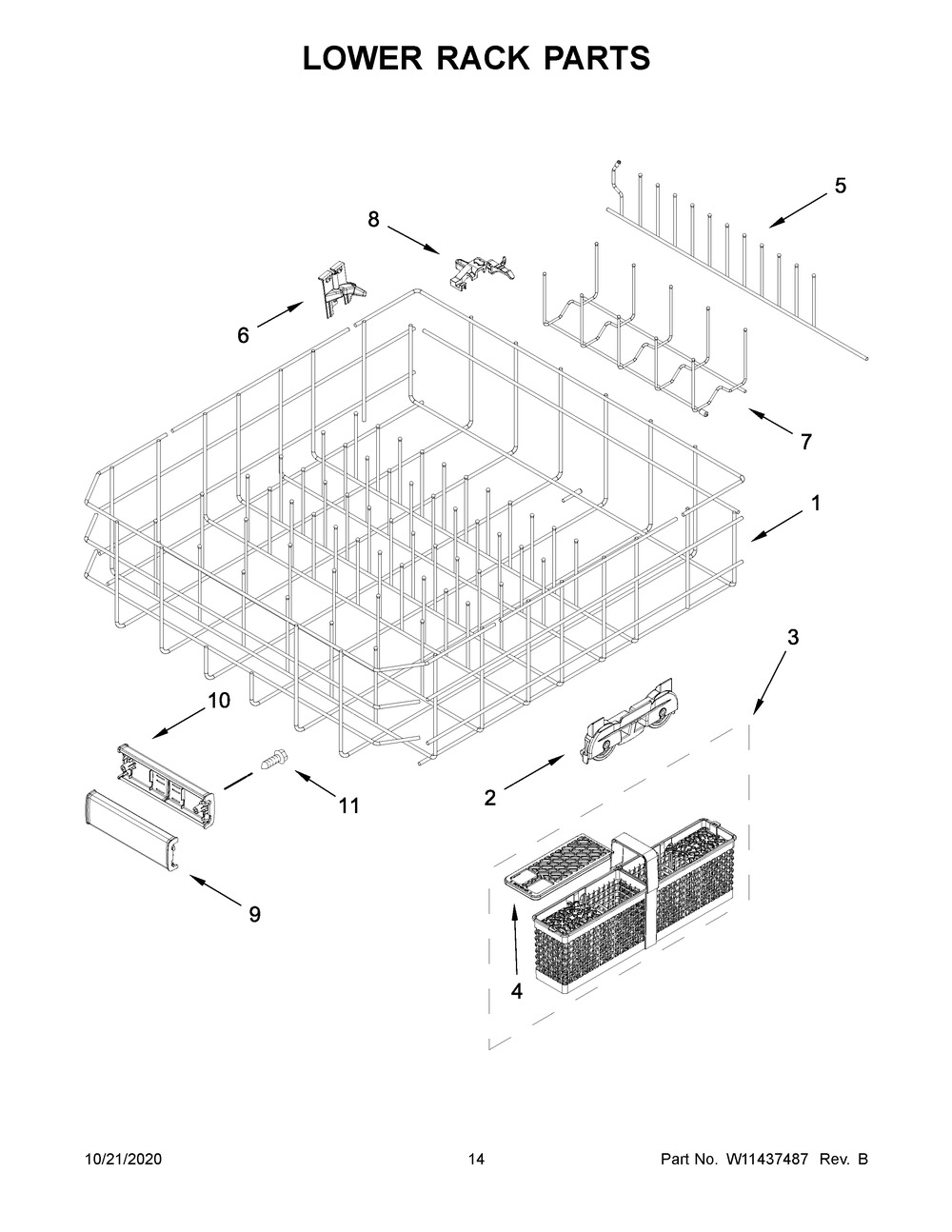 Lower Rack Parts Diagram and Parts List for KDTM604KBS0  Whirlpool Dishwasher