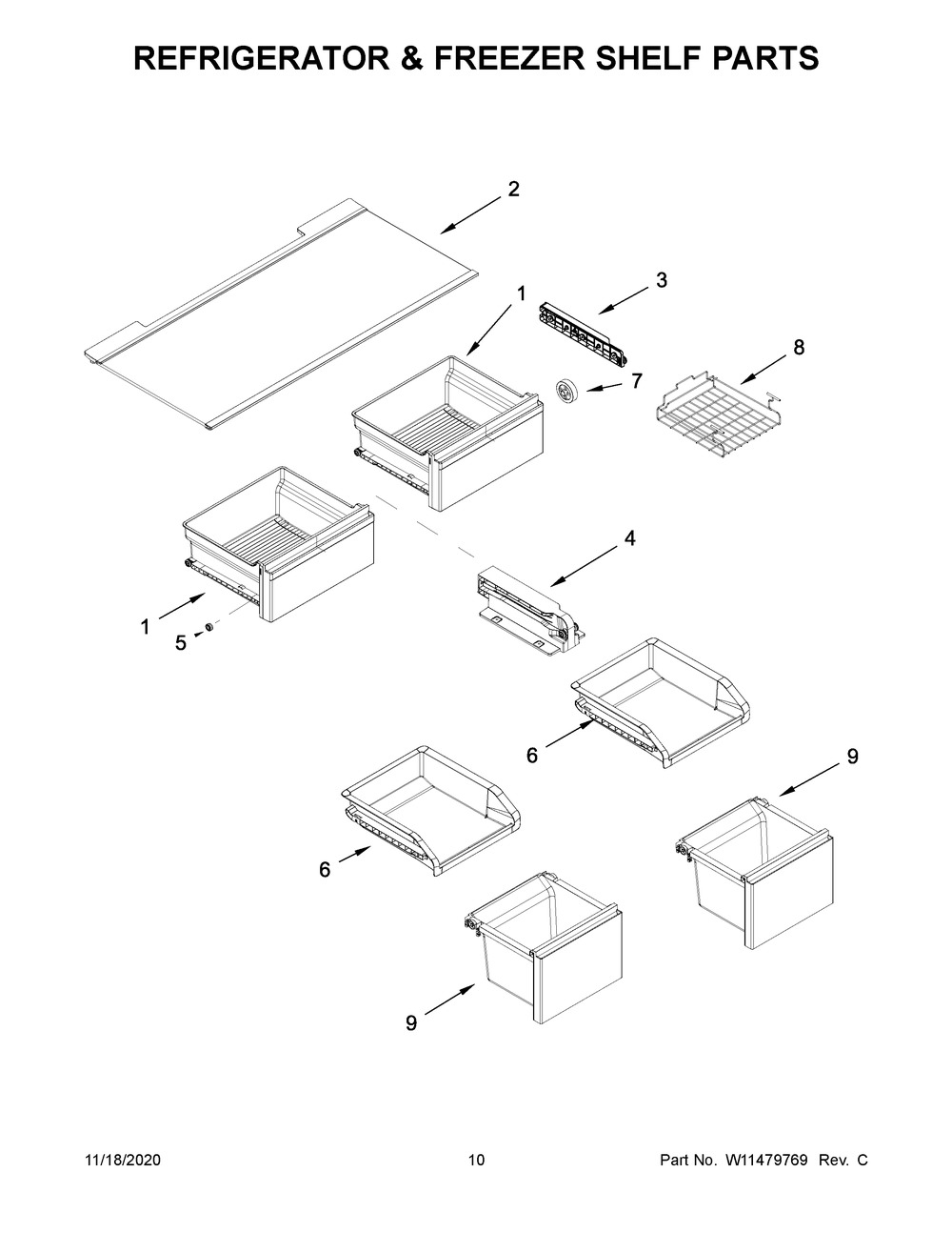 Refrigerator And Freezer Shelf Parts Diagram and Parts List for WRQA59CNKZ  Whirlpool Refrigerator
