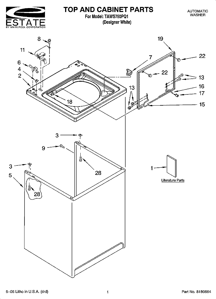 TOP AND CABINET PARTS Diagram and Parts List for TAWS750PQ1  Estate Washer