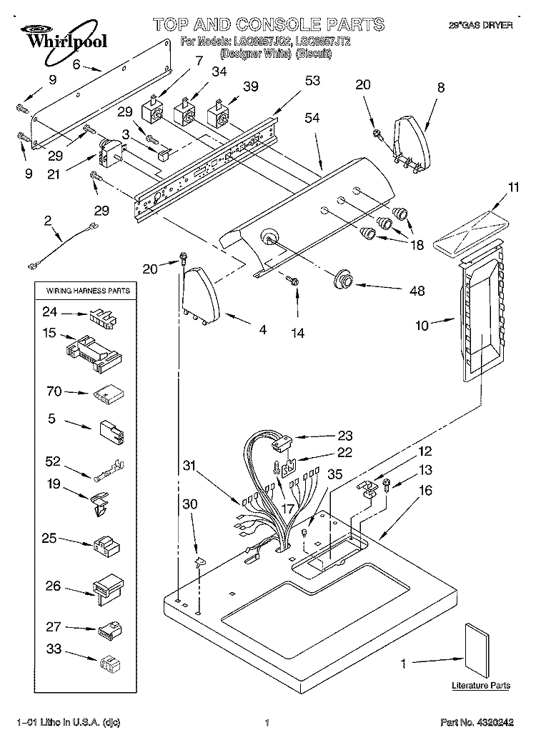 TOP AND CONSOLE, LIT/OPTIONAL Diagram and Parts List for LGQ8857JT2  Whirlpool Dryer
