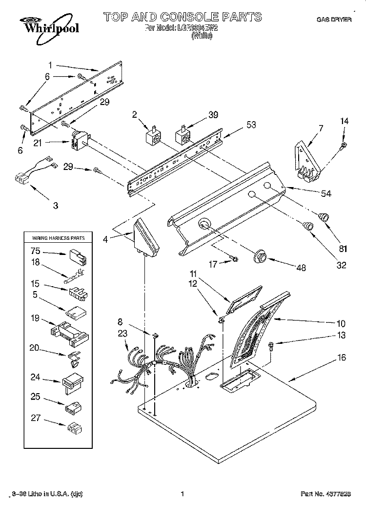 TOP AND CONSOLE, LIT/OPTIONAL Diagram and Parts List for LGR3634EW2  Whirlpool Dryer