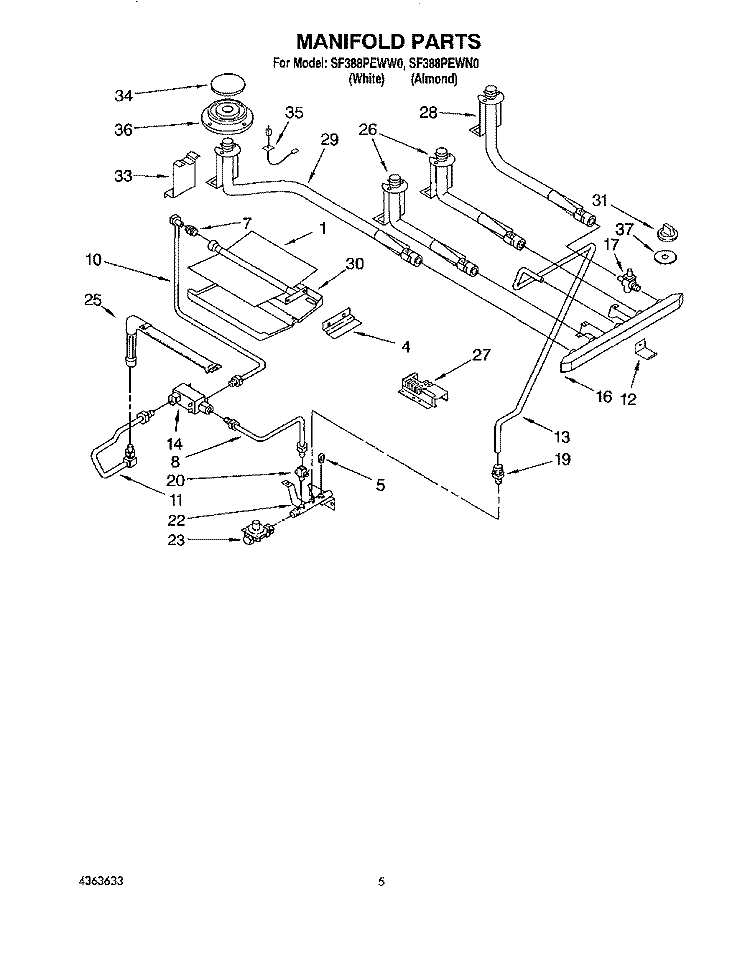 MANIFOLD Diagram and Parts List for SF388PEWW0  Whirlpool Range