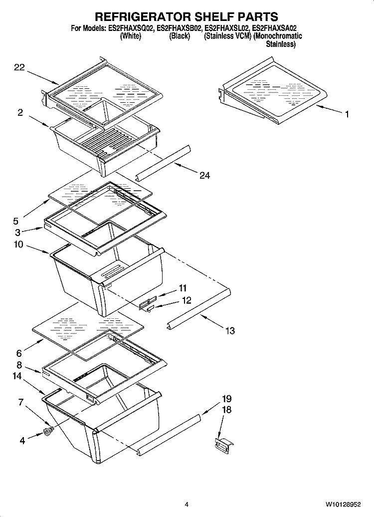 REFRIGERATOR SHELF PARTS Diagram and Parts List for ES2FHAXSA02  Whirlpool Refrigerator
