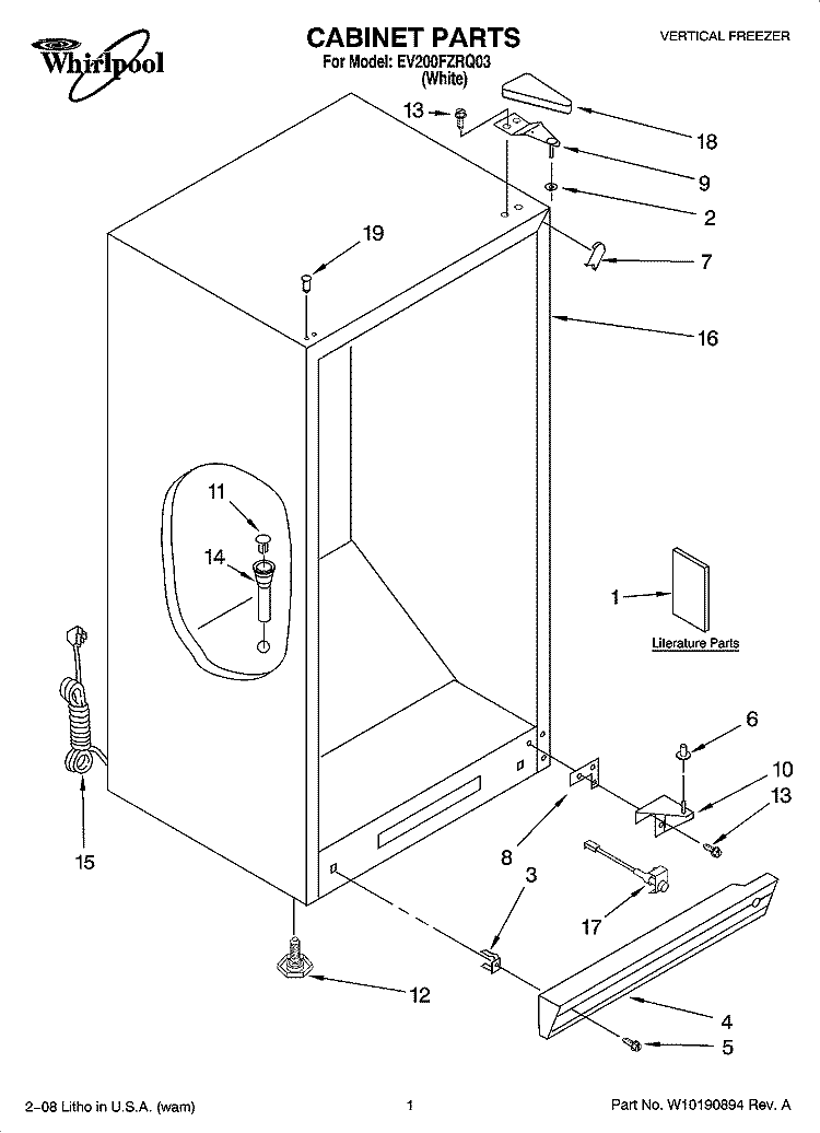 CABINET PARTS Diagram and Parts List for EV200FZRQ03  Whirlpool Freezer