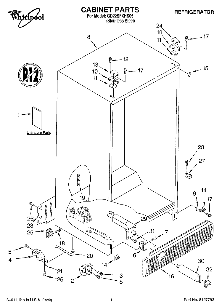 CABINET, LITERATURE Diagram and Parts List for GD22SFXHS05  Whirlpool Refrigerator