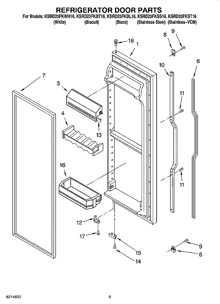 REFRIGERATOR DOOR PARTS Diagram and Parts List for KSRD25FKBT16  KitchenAid Refrigerator