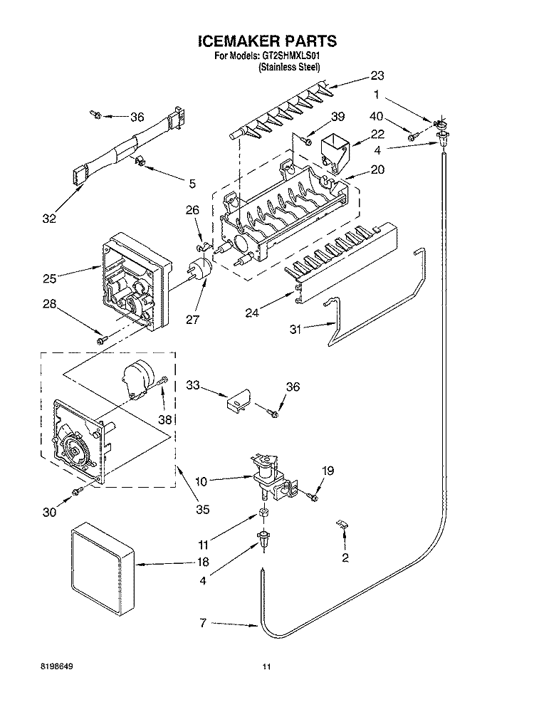 ICEMAKER PARTS Diagram and Parts List for GT2SHMXLS01  Whirlpool Refrigerator