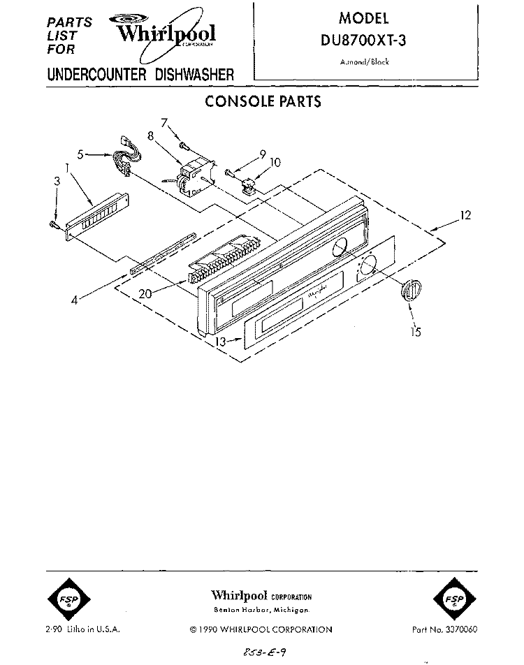 CONSOLE Diagram and Parts List for DU8700XT3  Whirlpool Dishwasher