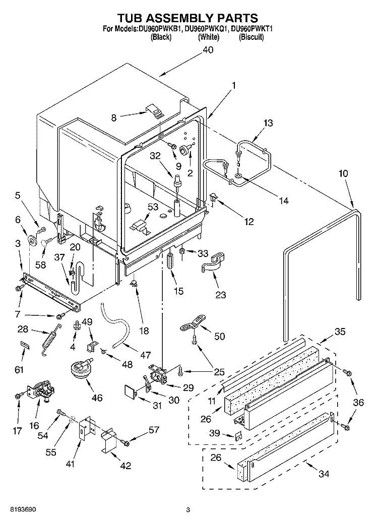 TUB ASSEMBLY Diagram and Parts List for DU960PWKB1  Whirlpool Dishwasher