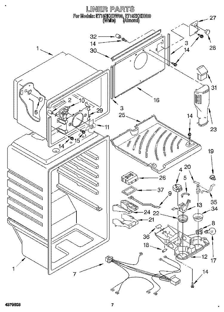 LINER Diagram and Parts List for ET18ZKXDW00  Whirlpool Refrigerator