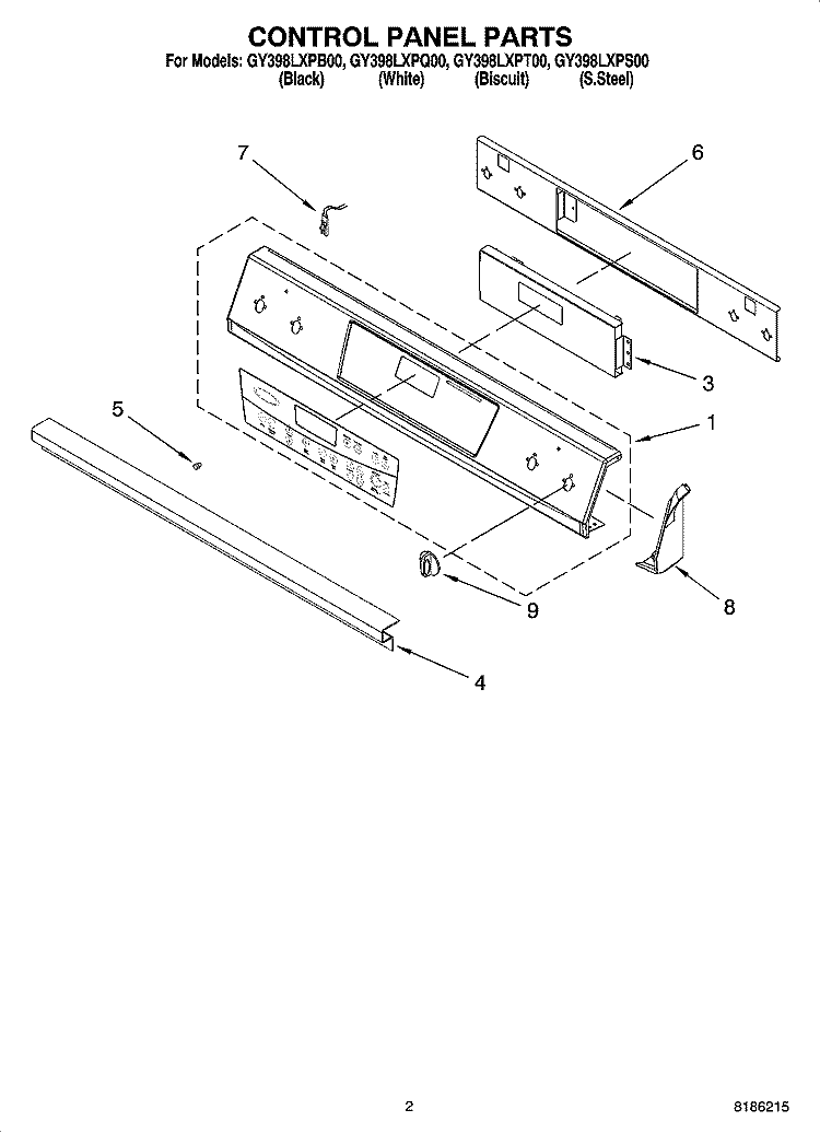 CONTROL PANEL PARTS Diagram and Parts List for GY398LXPB00  Whirlpool Range