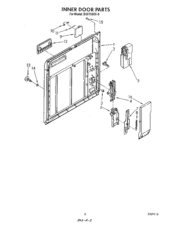 INNER DOOR Diagram and Parts List for DU8700XX0  Whirlpool Dishwasher