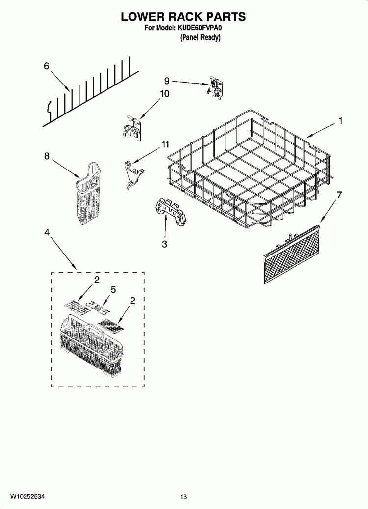 LOWER RACK PARTS Diagram and Parts List for KUDE60FVPA0  KitchenAid Dishwasher