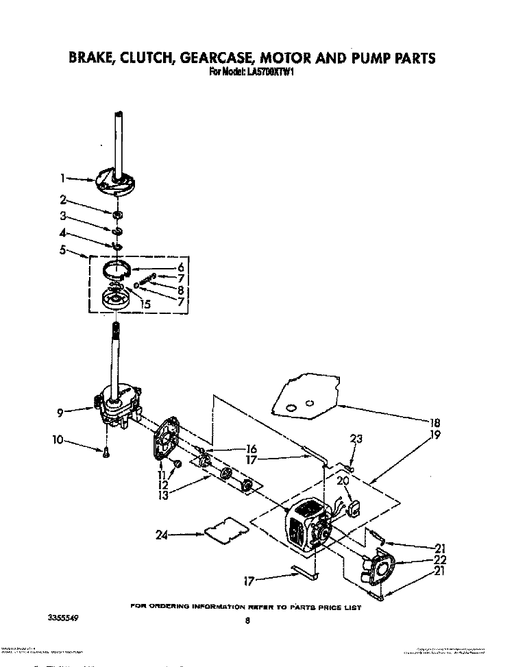 BRAKE, CLUTCH, GEARCASE, MOTOR AND PUMP Diagram and Parts List for LA5700XTN1  Whirlpool Washer