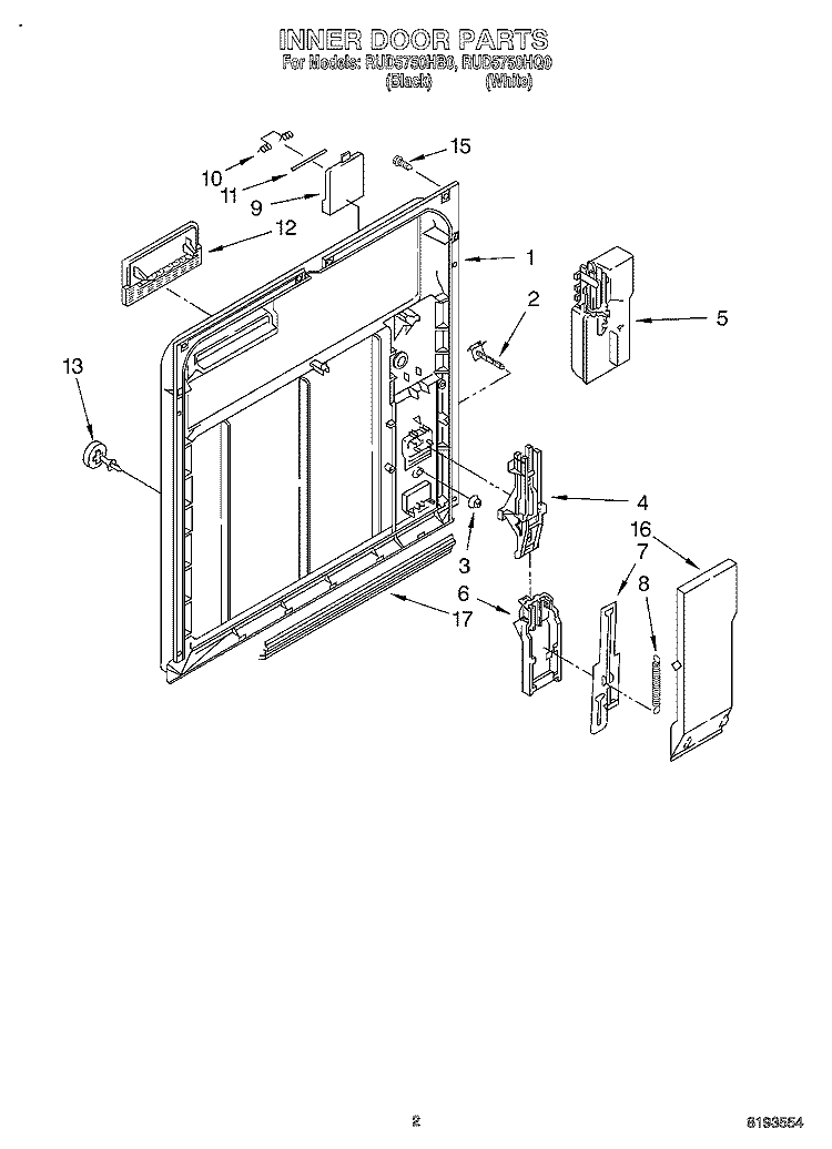 INNER DOOR Diagram and Parts List for RUD5750HB0  Roper Dishwasher