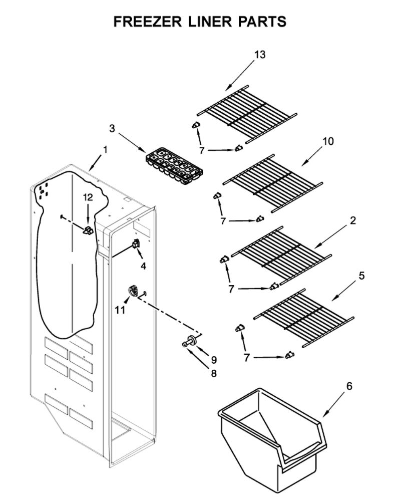 Freezer Liner Parts Diagram and Parts List for 10641139712  Kenmore Refrigerator