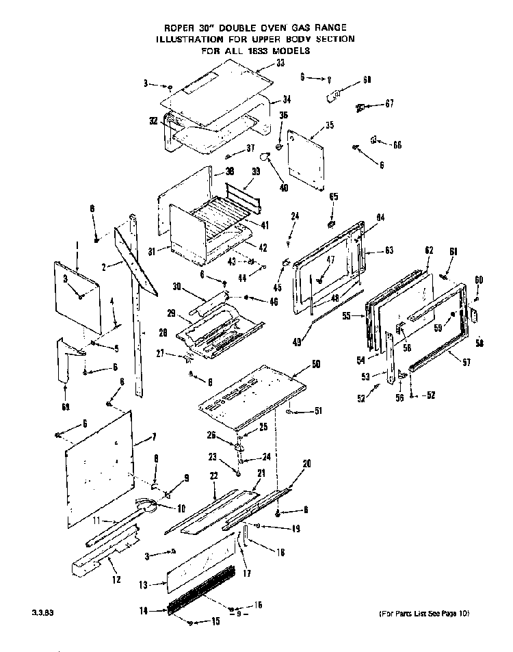 Upper Body Diagram and Parts List for 1833*0A  Roper Wall Oven