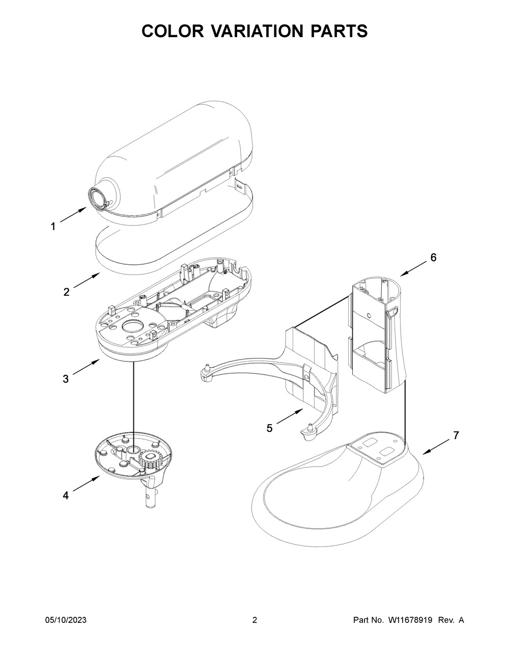 Color Variation Parts Diagram and Parts List for 7KSM70SKXZER0  KitchenAid Mixer