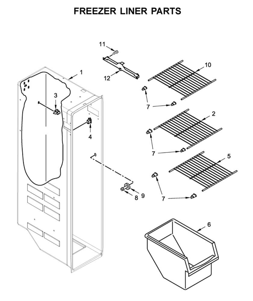 Freezer Liner Parts Diagram and Parts List for WRS315SDHT04  Whirlpool Refrigerator