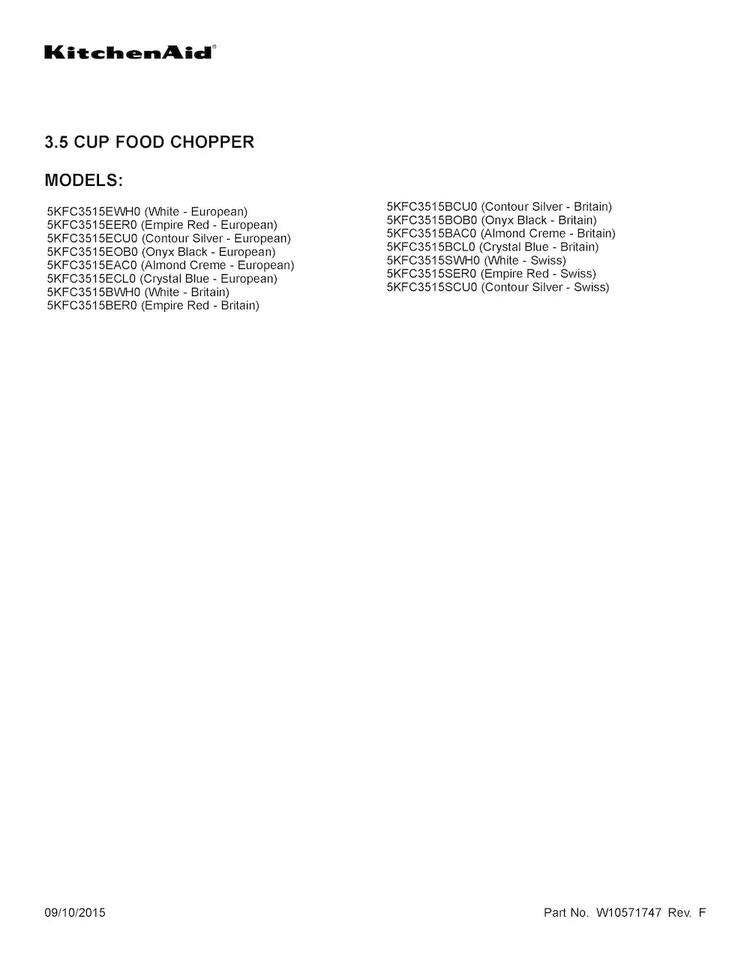 Cover Sheet Diagram and Parts List for 5KFC3515BAC0  KitchenAid Food Processor