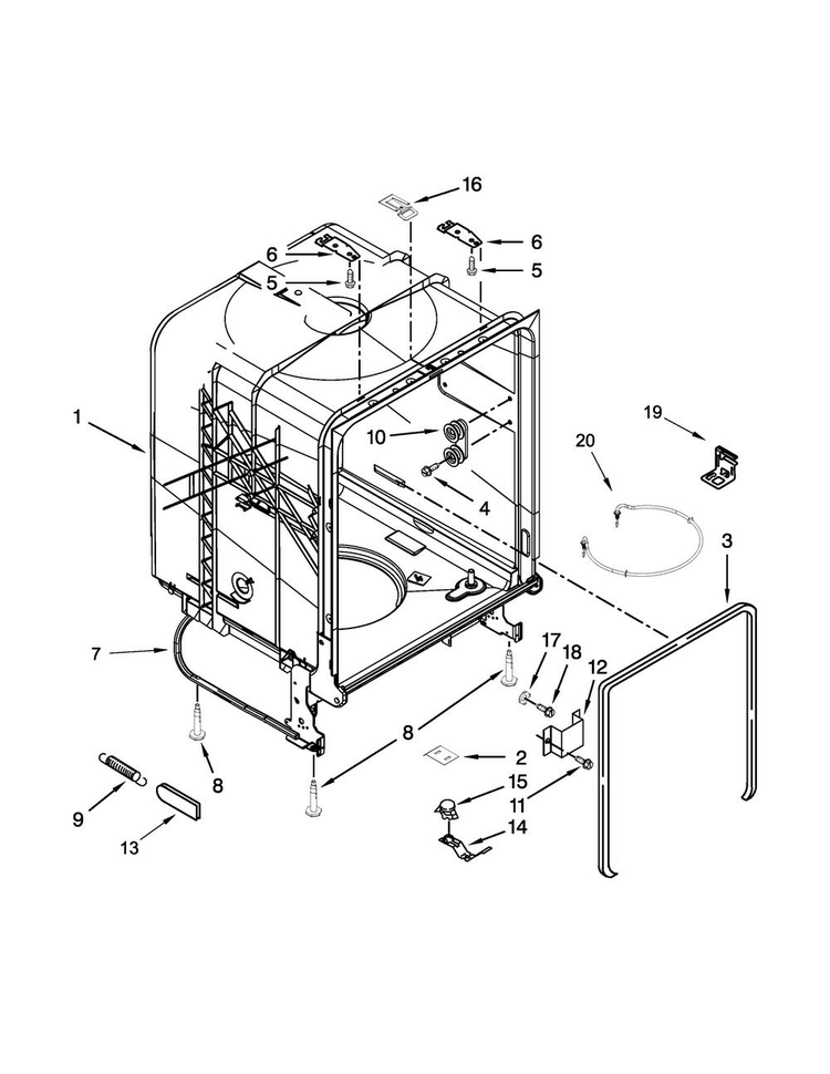 Tub And Frame Parts Diagram and Parts List for WDF120PAFT0  Whirlpool Dishwasher