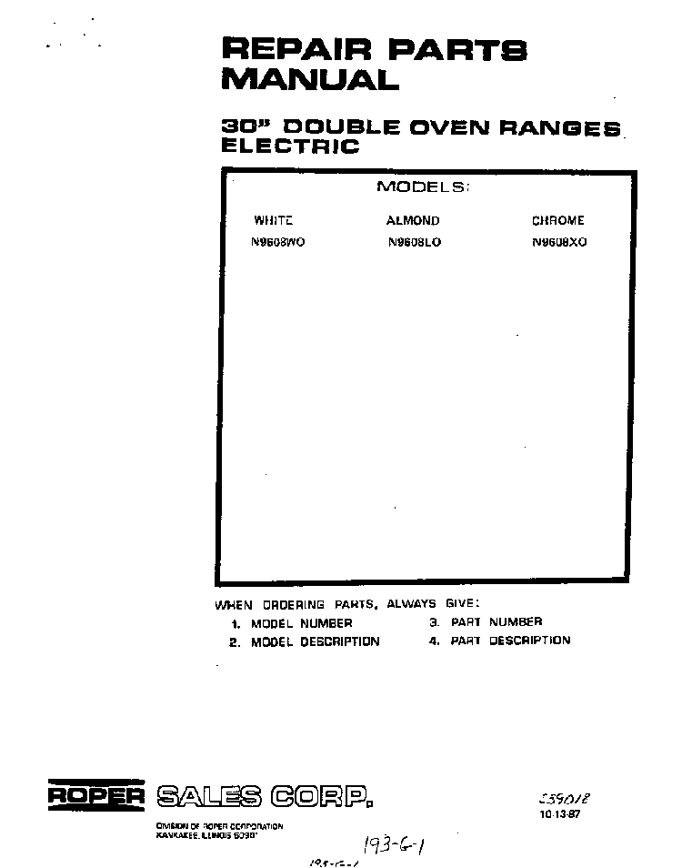 Front Cover Diagram and Parts List for N9608*0  Roper Range