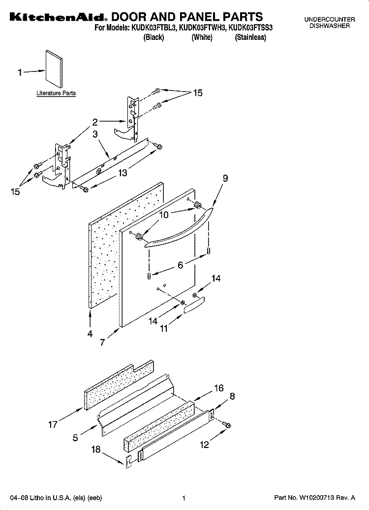 DOOR AND PANEL PARTS Diagram and Parts List for KUDK03FTBL3  KitchenAid Dishwasher