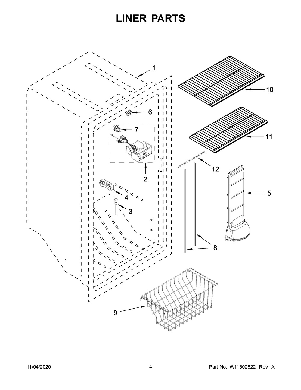 Liner Parts Diagram and Parts List for WZF34X20DW02  Whirlpool Freezer