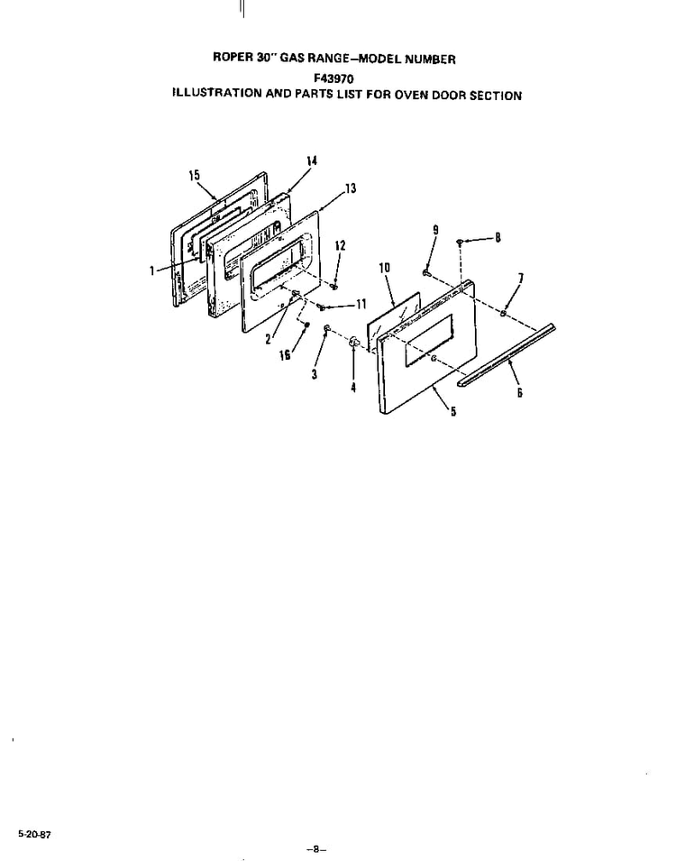 Oven Door Diagram and Parts List for F4397*0  Roper Range