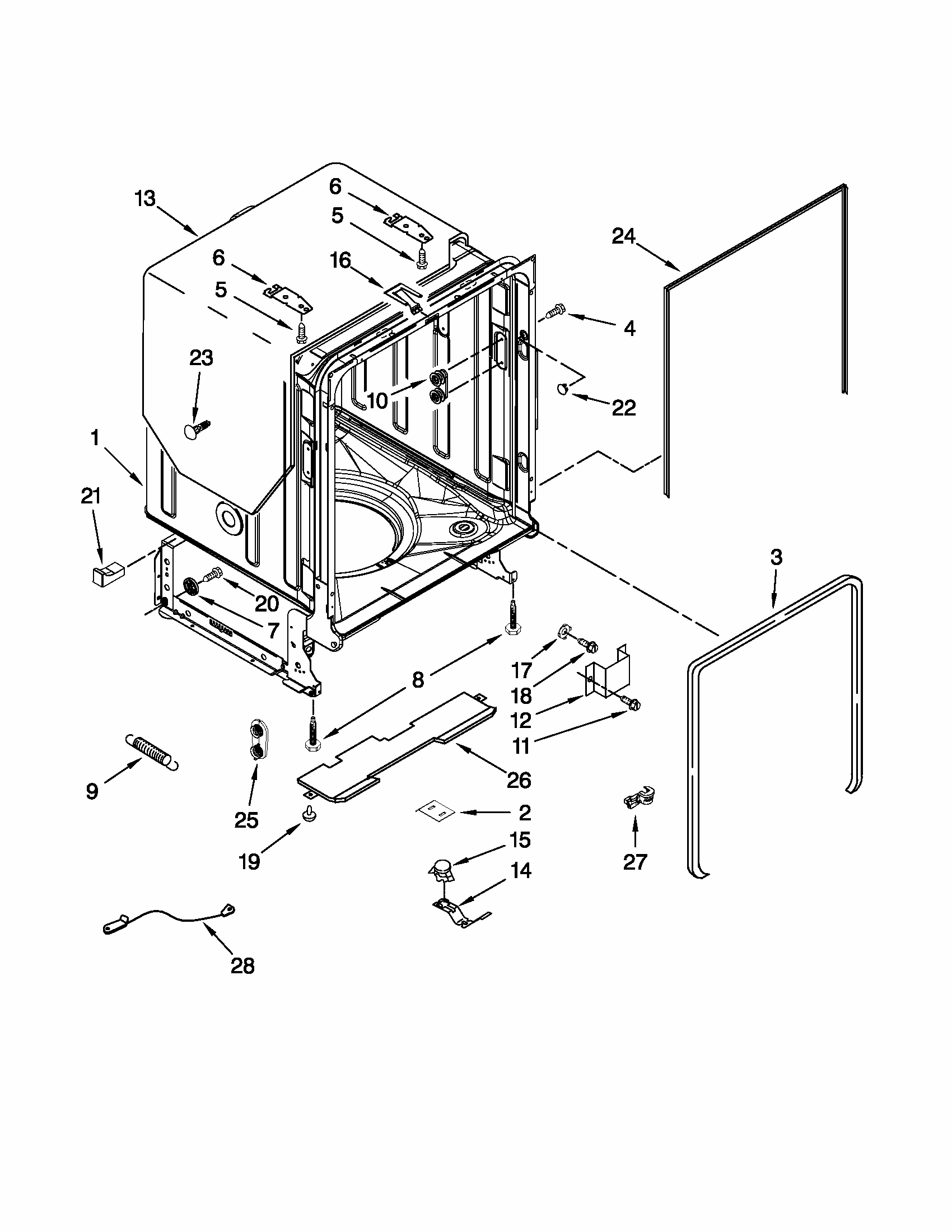 Tub And Frame Parts Diagram and Parts List for 66513252K110  Kenmore Dishwasher