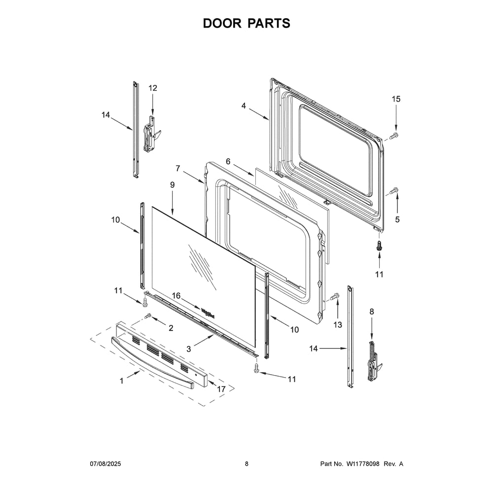 Door Parts Diagram and Parts List for WFES3030RB2  Whirlpool Range
