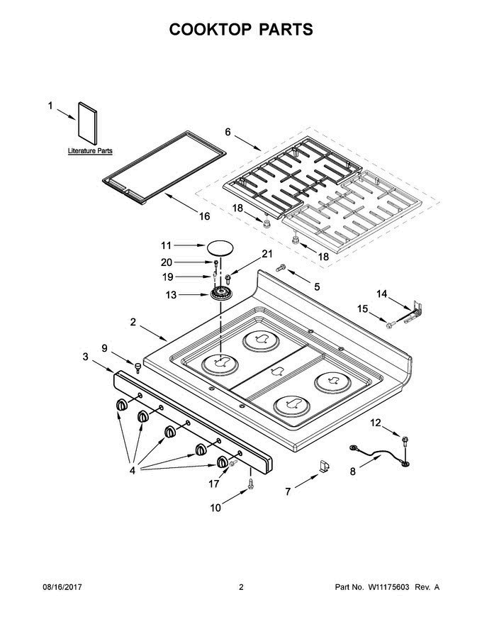 02 - Cooktop Parts Diagram and Parts List for WFG505M0BS3  Whirlpool Range