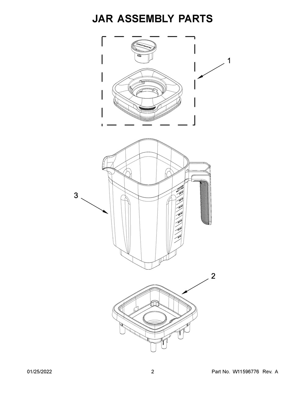 Jar Assembly Parts Diagram and Parts List for 5KSB1320BOB0  KitchenAid Blender
