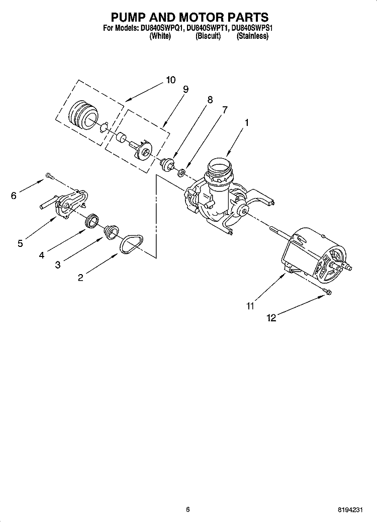 PUMP AND MOTOR PARTS Diagram and Parts List for DU840SWPT1  Whirlpool Dishwasher