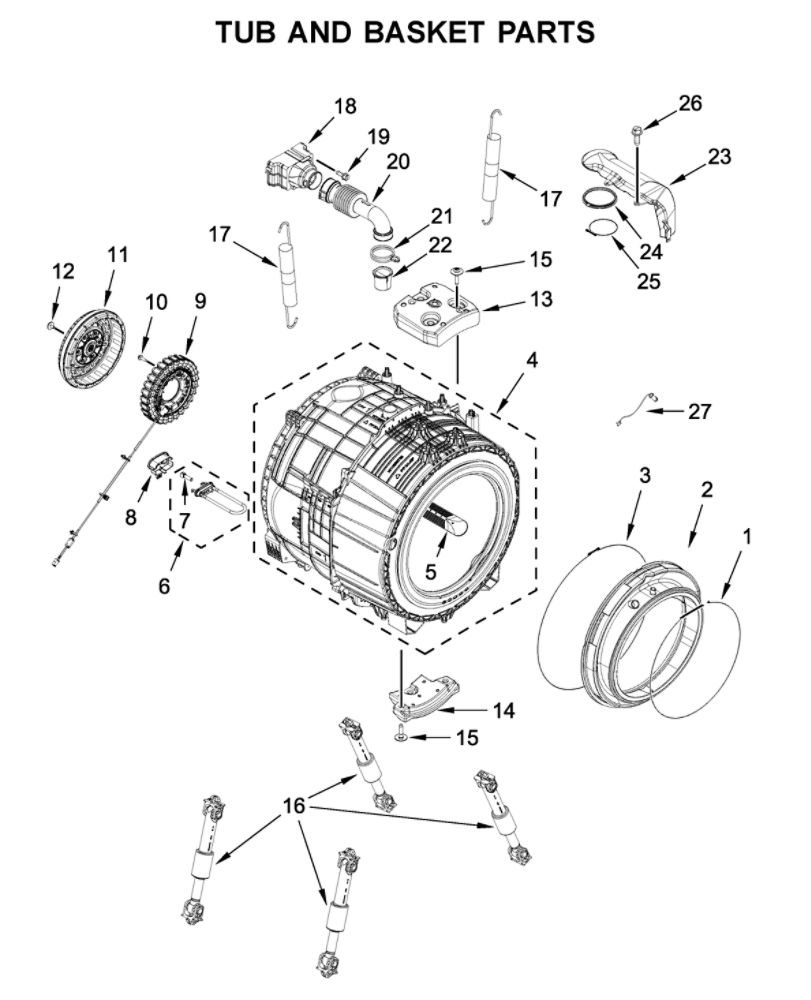Tub And Basket Parts Diagram and Parts List for 8TWFW8620HW1  Whirlpool Washer