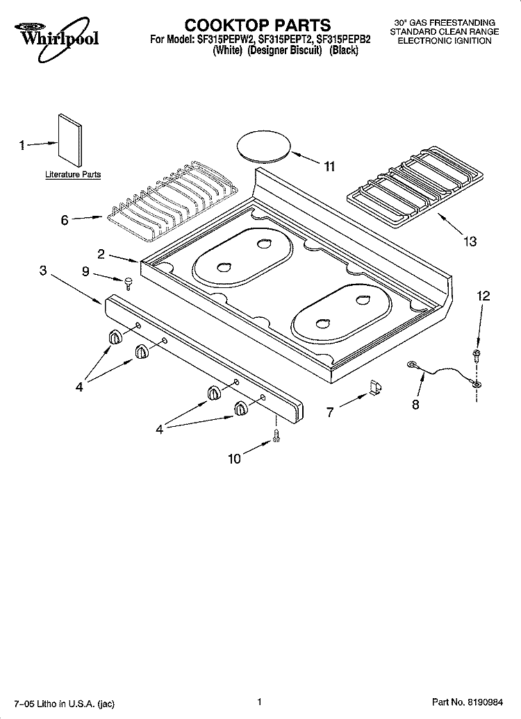 COOKTOP PARTS Diagram and Parts List for SF315PEPB2  Whirlpool Range