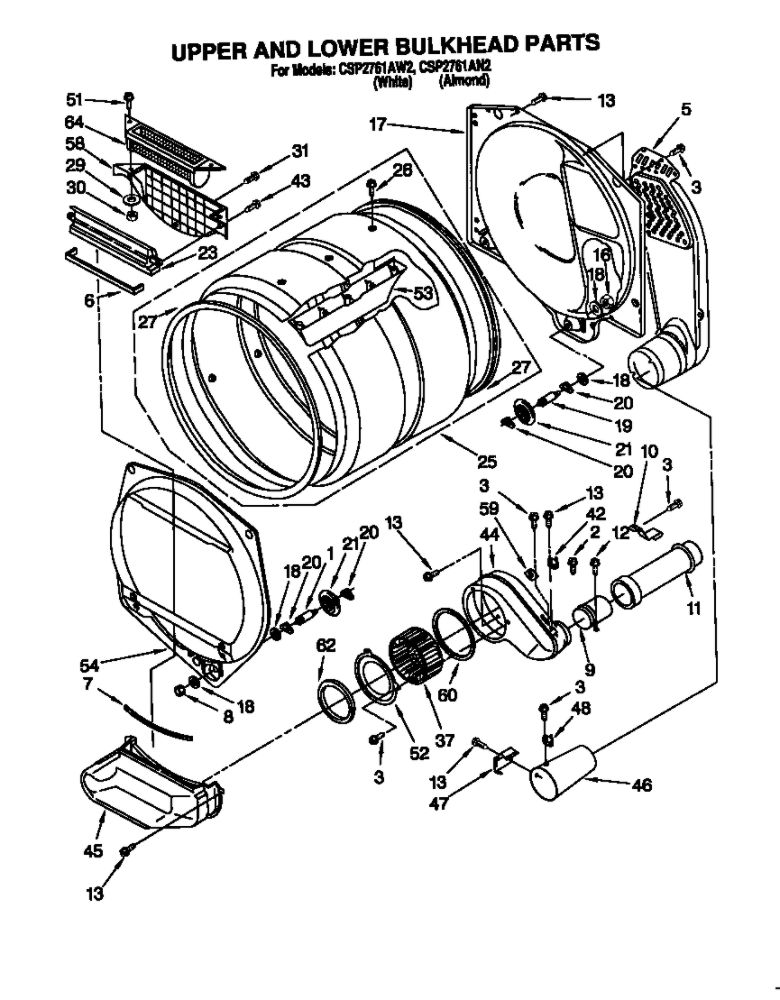 Upper And Lower Bulkhead Diagram and Parts List for CSP2761AW2  Whirlpool Dryer