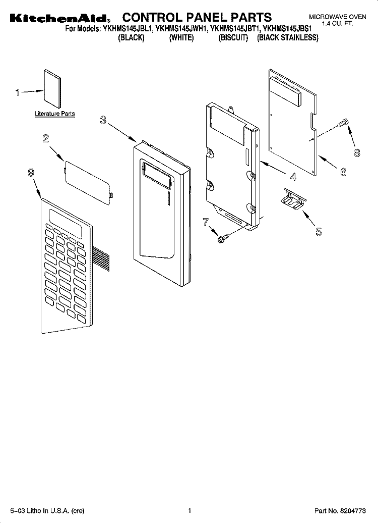CONTROL PANEL PARTS Diagram and Parts List for YKHMS145JBT1  KitchenAid Microwave