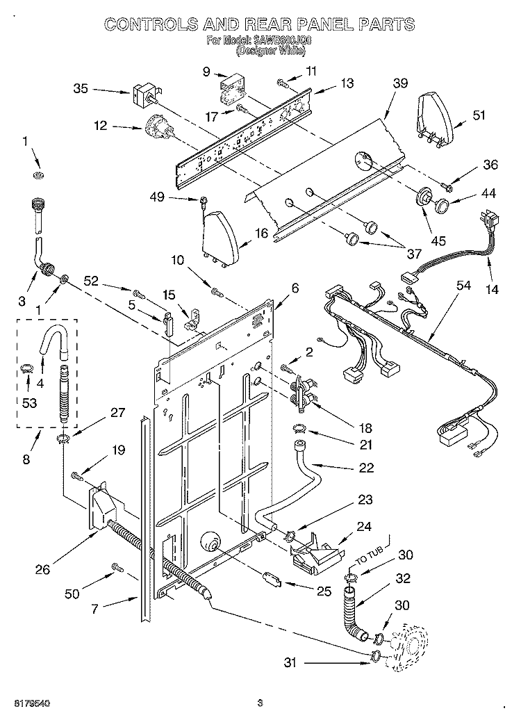 CONTROLS AND REAR PANEL Diagram and Parts List for SAWB600JQ0  Whirlpool Washer