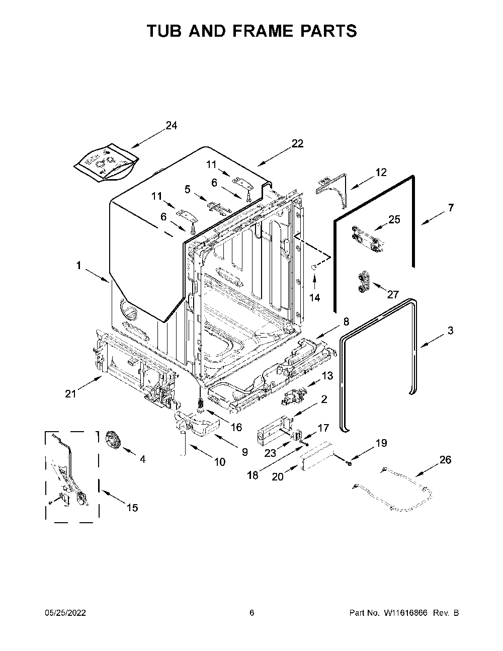 Tub And Frame Parts Diagram and Parts List for KDTM604KBS1  KitchenAid Dishwasher