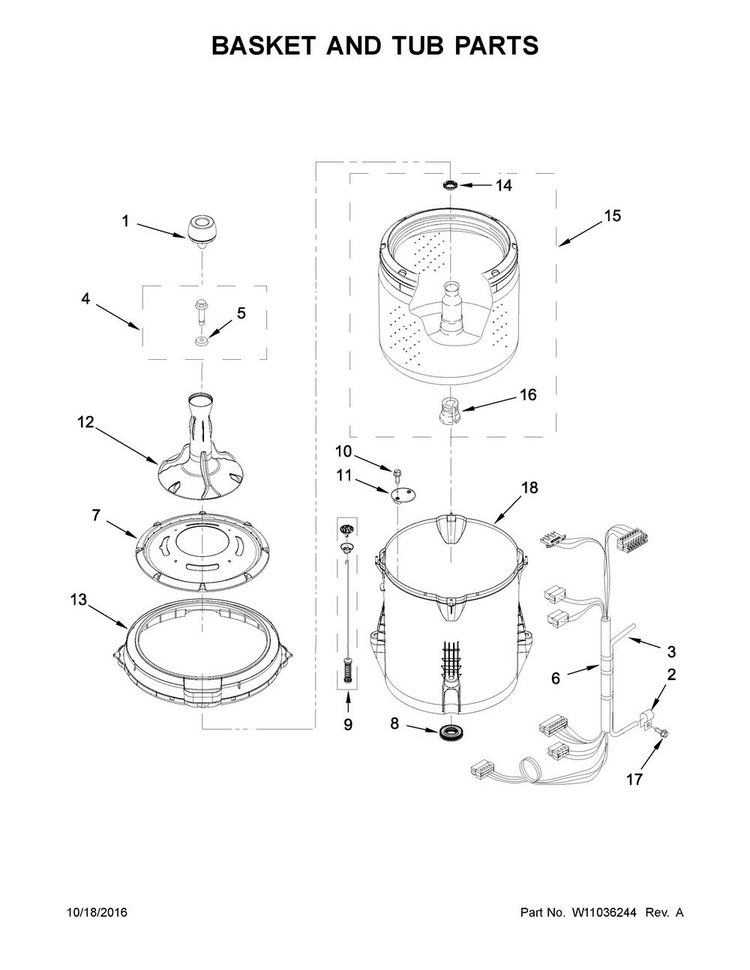 Basket And Tub Parts Diagram and Parts List for WTW4815EW2  Whirlpool Washer