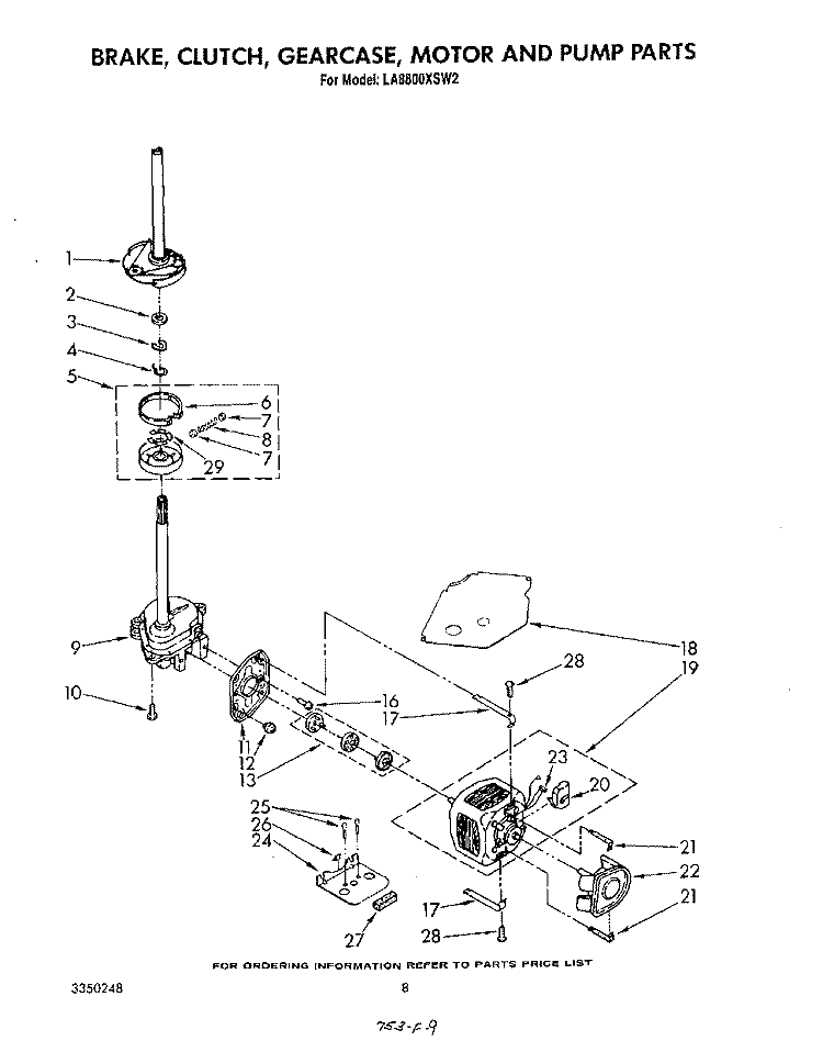 BRAKE, CLUTCH, GEARCASE, MOTOR AND PUMP Diagram and Parts List for LA8800XSW2  Whirlpool Washer