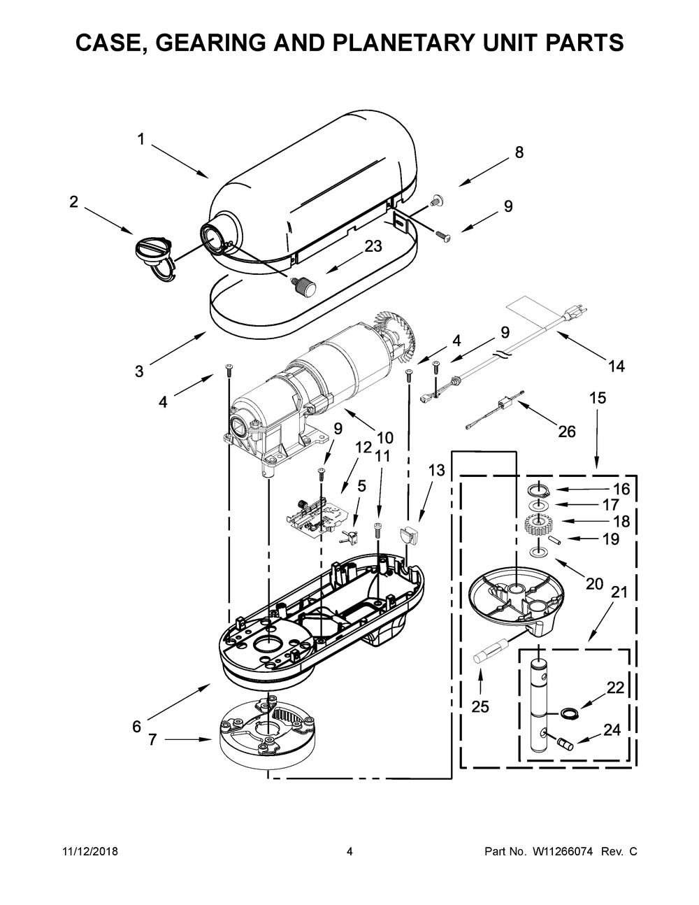 Case, Gearing And Planetary Unit Parts Diagram and Parts List for 3KSM6583TWH0  Whirlpool Mixer