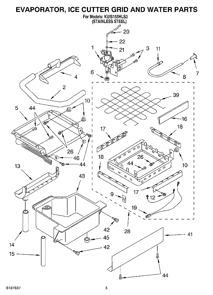 EVAPORATOR, ICE CUTTER GRID AND WATER Diagram and Parts List for KUIS155HLS3  KitchenAid Ice Maker