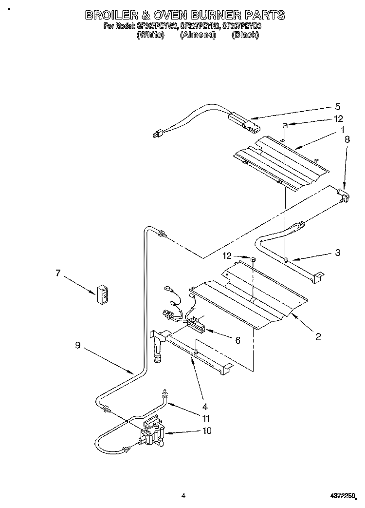 BROILER & OVEN BURNER Diagram and Parts List for SF367PEYB3  Whirlpool Range